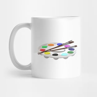 Round Artist Palette with Paints and Paint Brushes (White Background) Mug